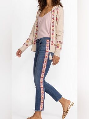 Johnny Was Blue Skinny Jeans with Pink & Orange Embroidered Side Panels